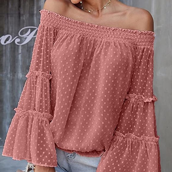 Deep Pink Chenille Dot Flared Sleeve Off the Shoulder Blouse Women's Sz Small - Picture 3 of 9